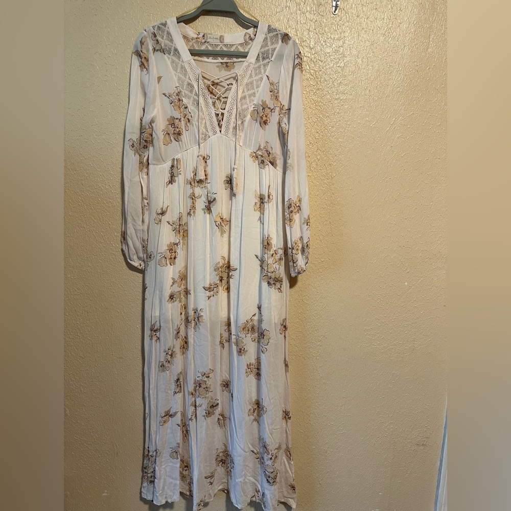 Altar'd State Maxi Dress Floral V-neck Long Sleeves Empire Waist Embroidered